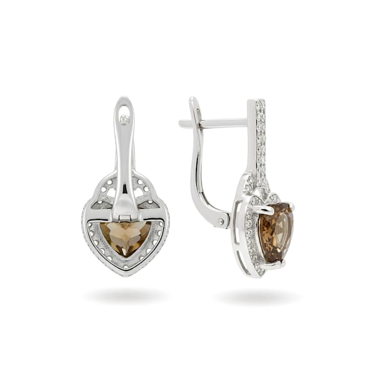 Brown Quartz Over Sterling Silver Rhodium Heart Drop Earrings