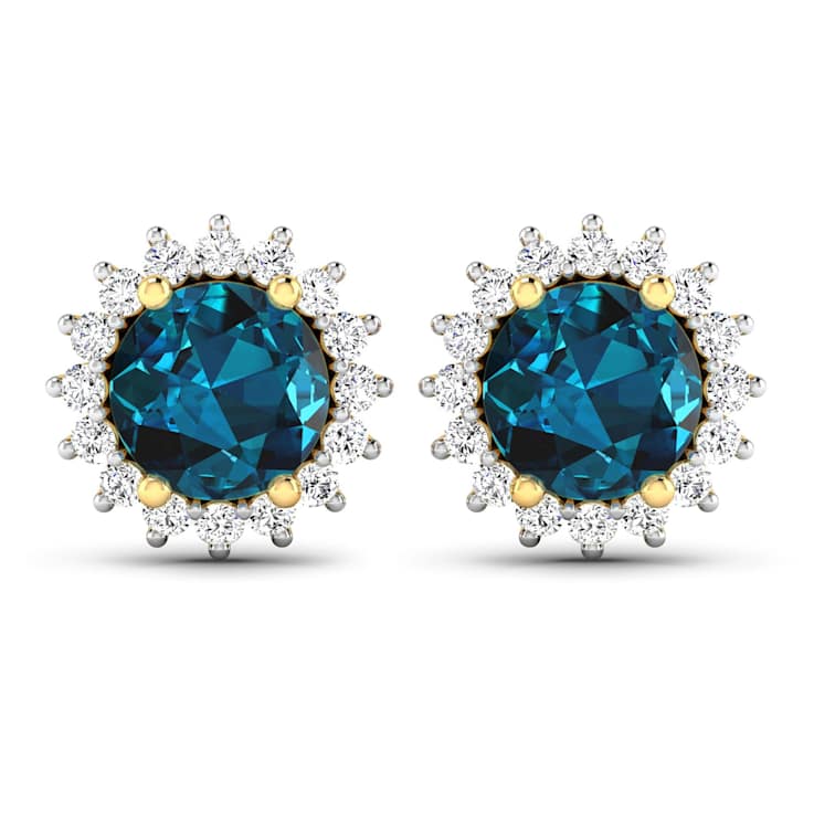 1.60ctw 14K Yellow Gold London Blue Topaz  and White Diamond Halo Earrings