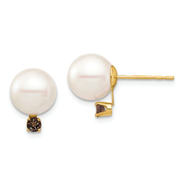 14K Yellow Gold 8-8.5mm White Round Freshwater Cultured Pearl Smoky
Quartz Post Earring