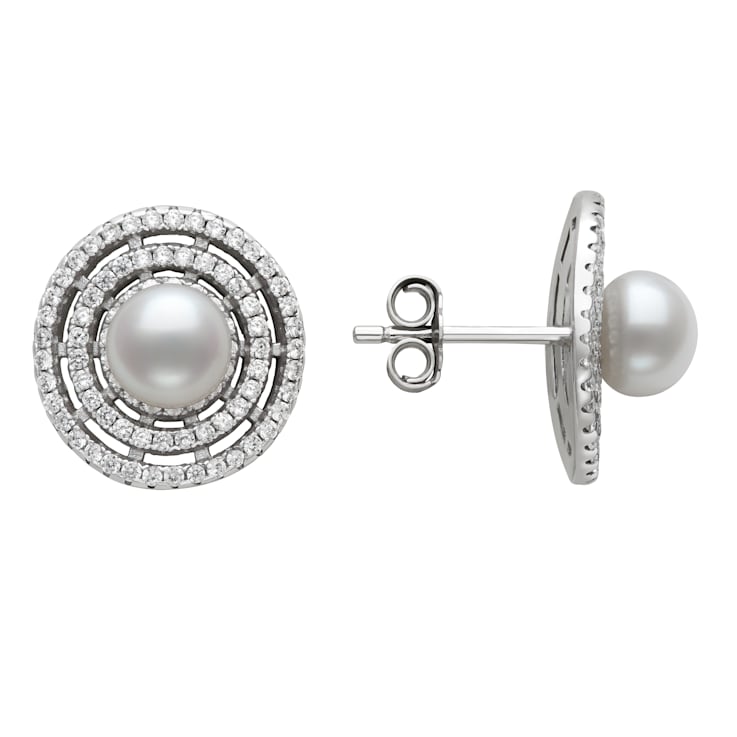 Sterling Silver Freshwater Pearl and Cubic Zirconia Earring