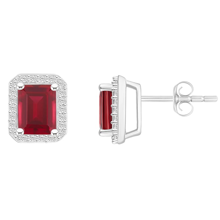 7x5mm Emerald Cut Created Ruby And Created White Sapphire 10k White Gold
Halo Stud Earrings