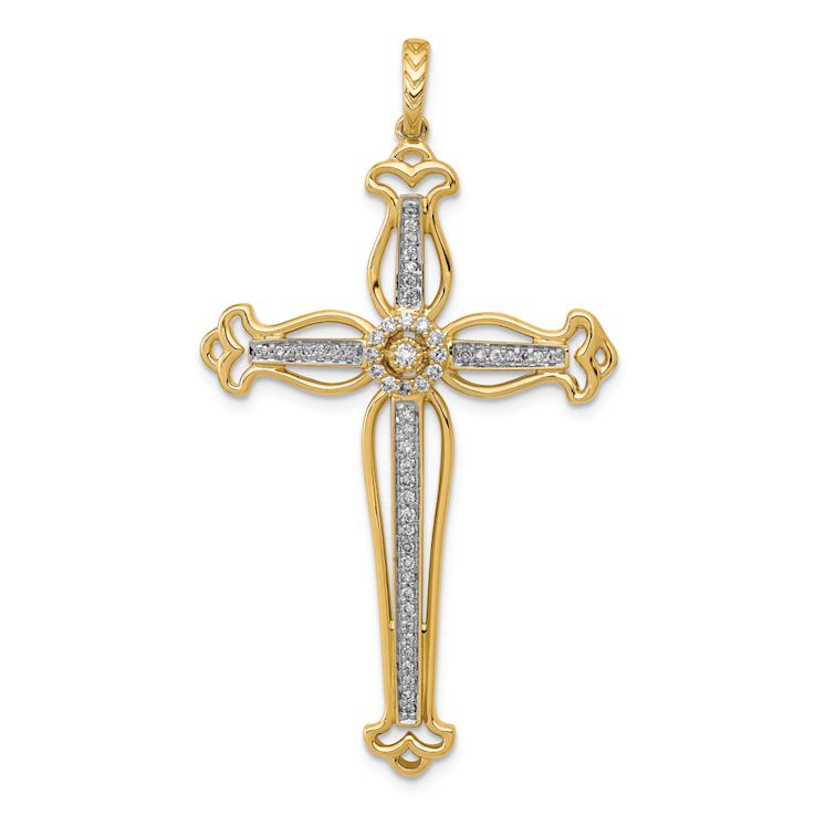 14K Two-tone Gold  Diamond Fancy Budded Cross Pendant