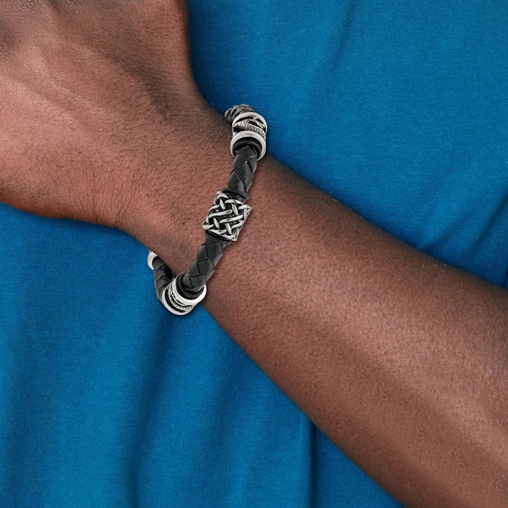 Stainless Steel Antiqued and Polished Dragon Black Braided Leather Bracelet