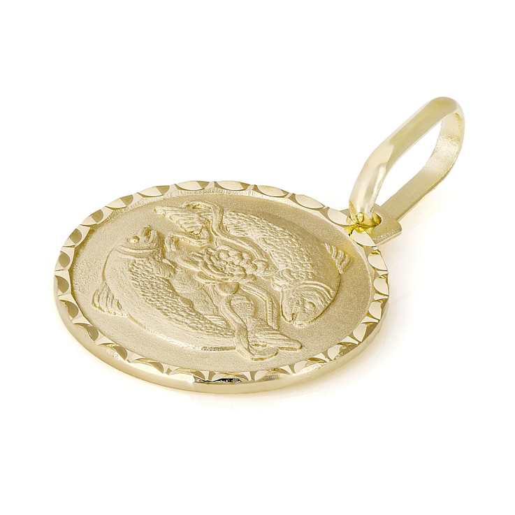 Pisces Zodiac Medallion Pendant In Solid 14K Yellow Gold