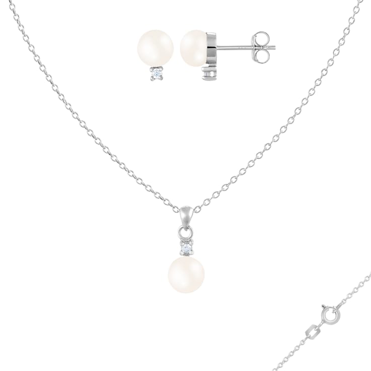 6-7mm Button White Freshwater Pearl and CZ Rhodium Over Sterling Earring
and Pendant W/Chain Set