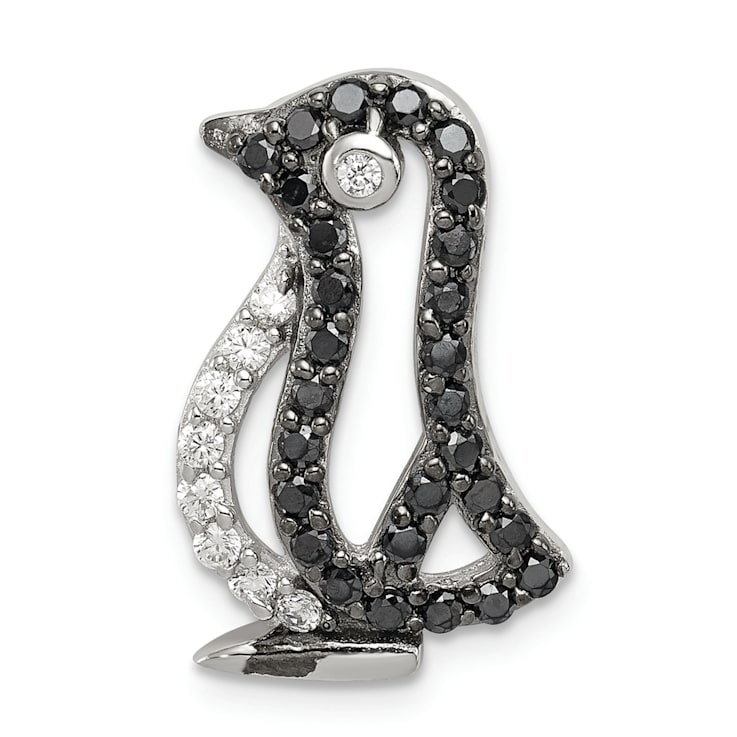 Rhodium Over Sterling Silver Black and White Cubic Zirconia Penguin
Chain Slide