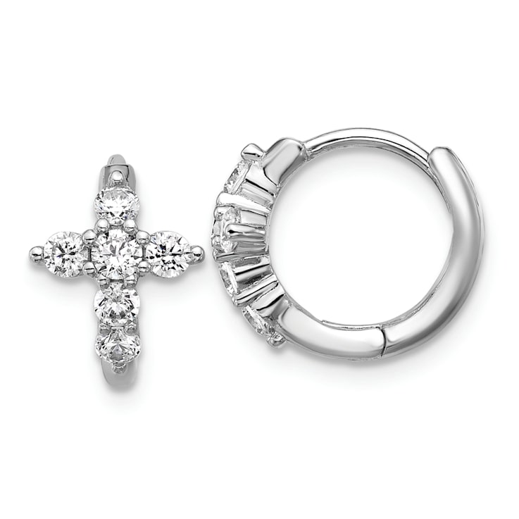 Rhodium Over Sterling Silver Polished Cubic Zirconia Cross Hinged Round
Hoop Earrings