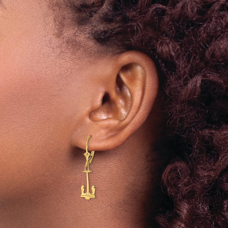 14k Yellow Gold Polished Navy Anchor Earrings