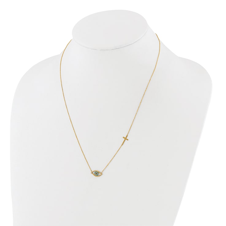 14K Yellow Gold Polished Cubic Zirconia Evil Eye and Cross 18-inch with
2-inch Extension Necklace