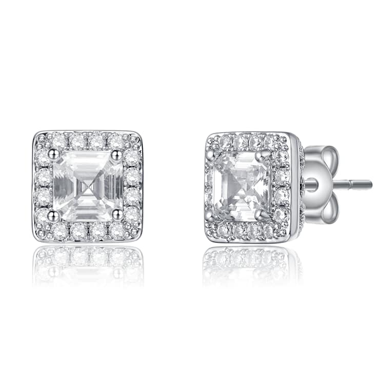 CZ Halo Square Stud Earrings In White Rhodium Over Brass