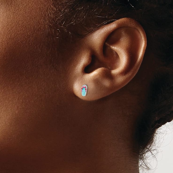 Rhodium Over Sterling Silver Teal and Pink Enamel Flip Flop Childs Post Earrings