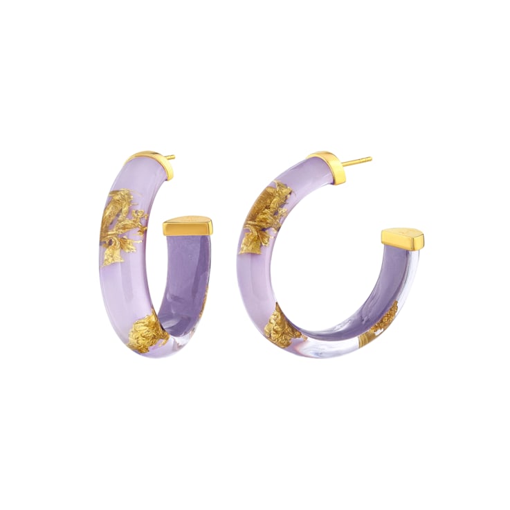 14K Yellow Gold Over Sterling Silver Small Gold Leaf Acrylic Hoop
Earrings in Lavender