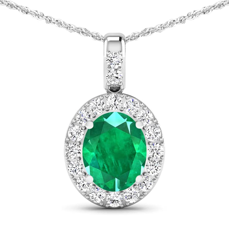 2.15ctw 14K White Gold Zambian Emerald and White Diamond Pendant with 18
inch Cable Chain