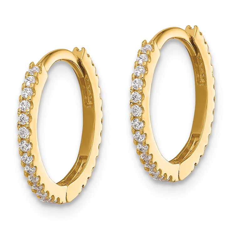 14K Yellow Gold Polished Cubic Zirconia 1.25mm Hinged Huggie Hoop Earrings