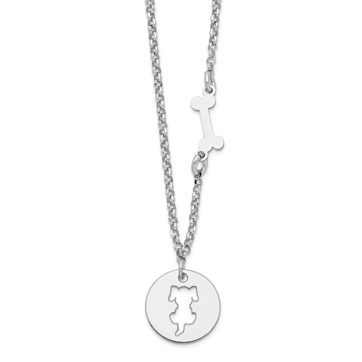 Sterling Silver Rhodium-plated Puppy and Bone with 1-inch Extension Necklace