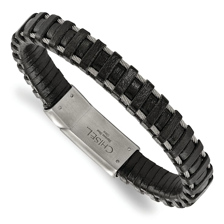 Black Leather and Stainless Steel Brushed Cable 8.5-inch Bracelet