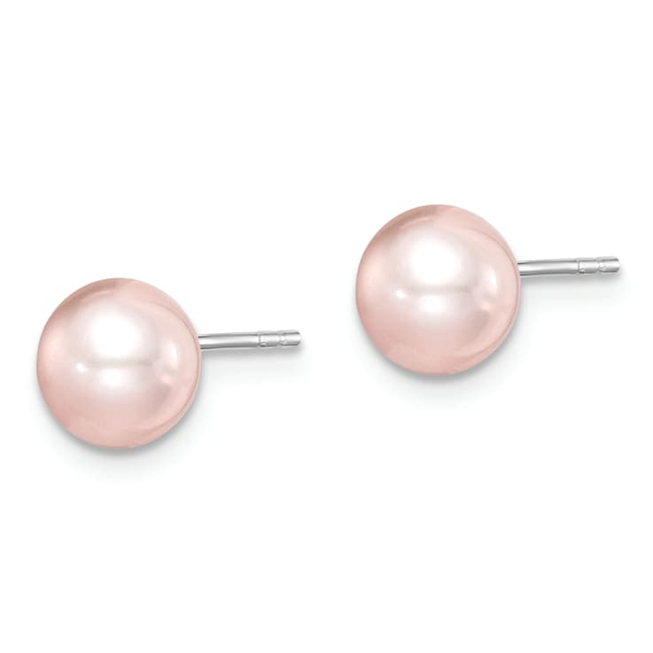 Rhodium Over Sterling Silver 6-7mm Pink Round FWC Pearl Stud Earrings
