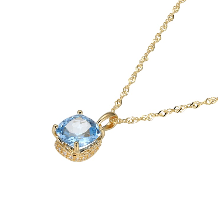 Lab  Blue Spinel And Dia Simulant 18k Yellow Gold Over Silver March
Birthstone Pendant 3.79ctw