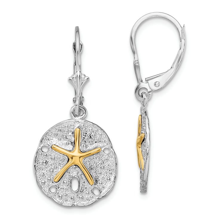 Rhodium Over Sterling Silver Sand Dollar with 14k Starfish Leverback Earrings