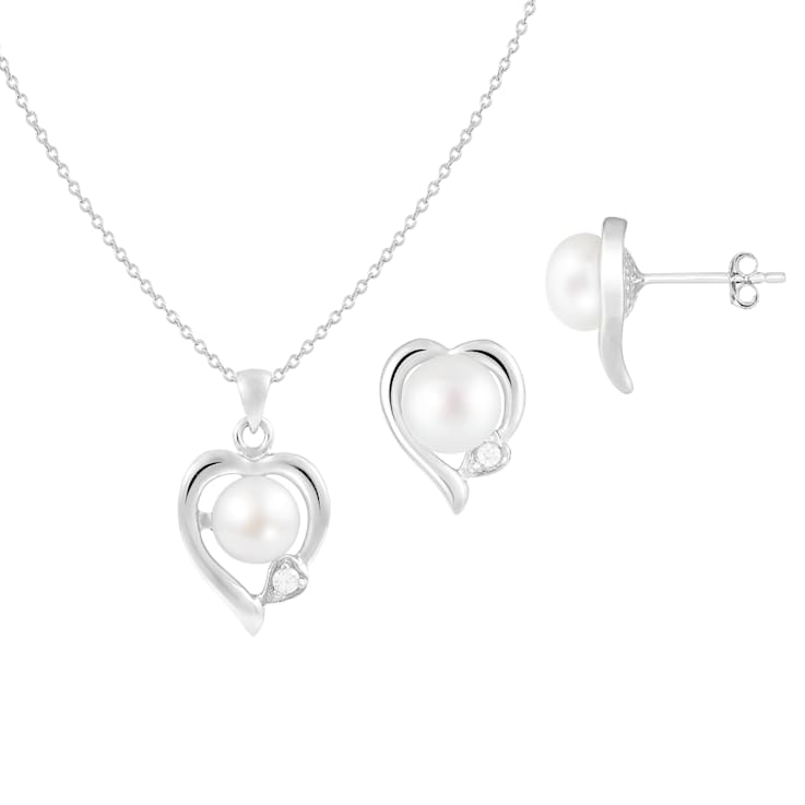 6-7mm Button White Freshwater Pearl and CZ Rhodium Over Sterling Earring
and Pendant W/Chain Set