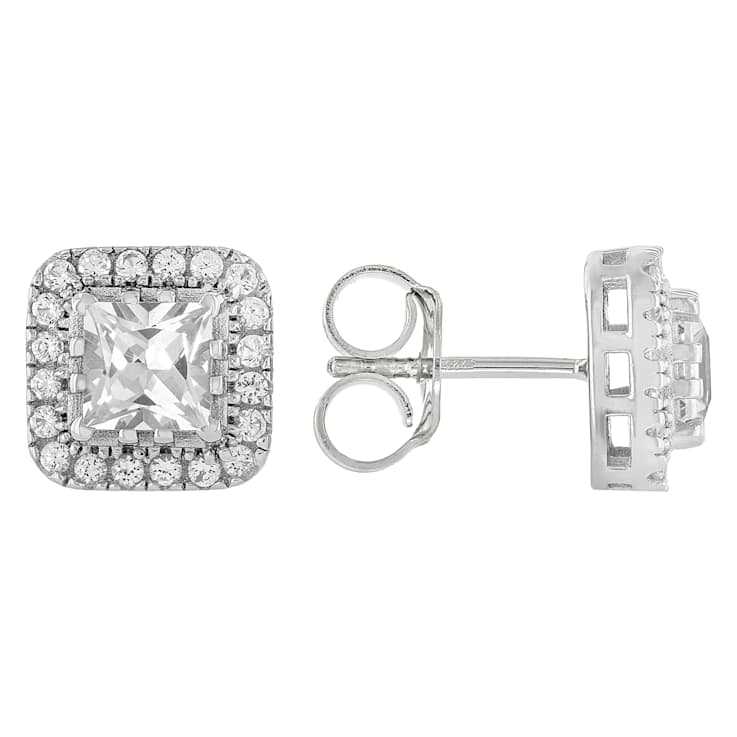 Lab White Sapphire Square Stud Earrings In PlatInum Over Sterling Silver