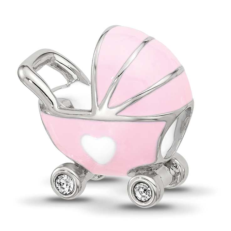 Sterling Silver Enamel Baby Carriage with Crystal Bead