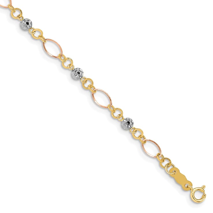 14K Yellow, White and Rose Gold Polished Diamond-cut Ovals and Donut
Beads Bracelet