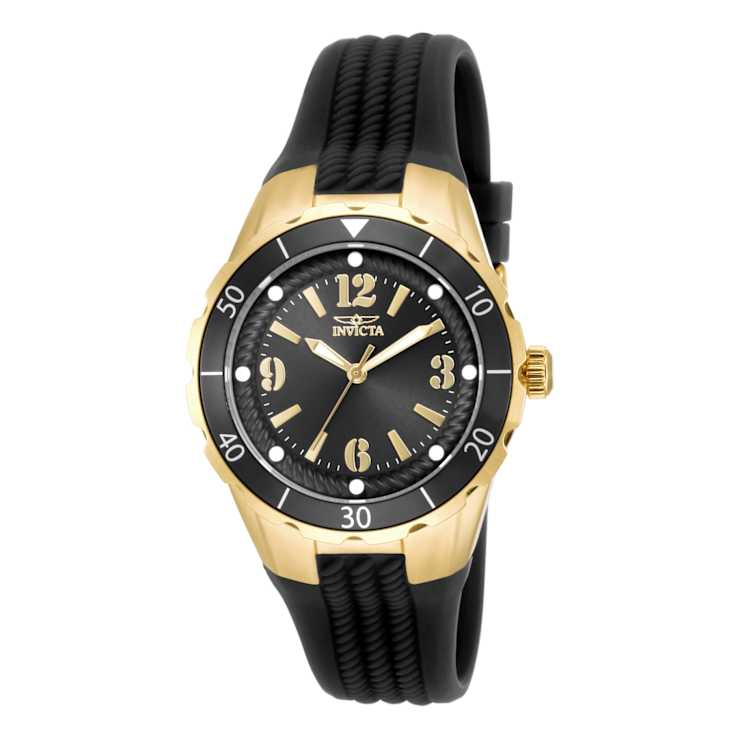 Invicta Angel 38mm Black Dial Black Silicone Band Quartz Watch
