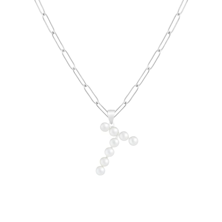 Letter T Initial Cultured Freshwater Pearl Rhodium Over Sterling Silver
Pendant With  18" Chain