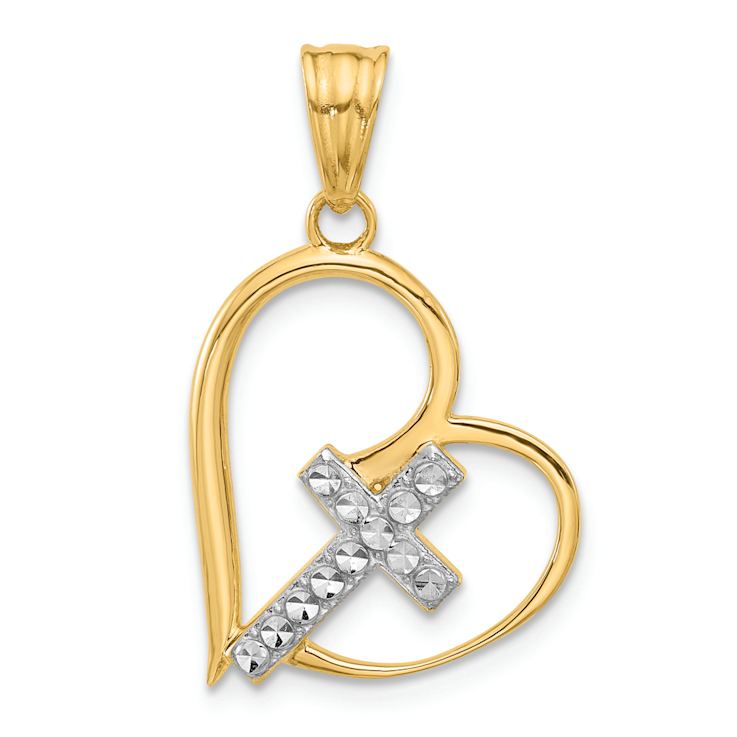 14k Two-tone Gold Diamond-cut Cross in Heart Pendant