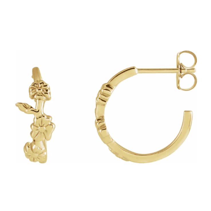 14K Yellow Gold Floral Inspired J-Hoop Earrings