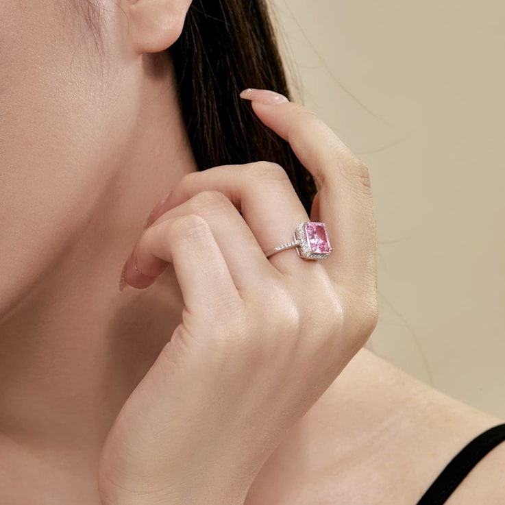 Radiant Cut Pink and Round White Cubic Zirconia Accents Sterling Silver
Halo Ring