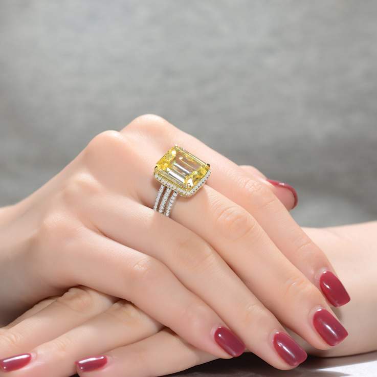Citrine Color CZ Triple Halo Cocktail Ring In Sterling Silver