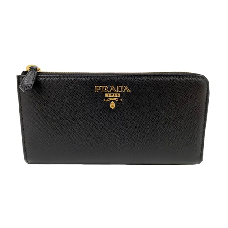 Prada Saffiano Long Continental Zip Wallet Black Leather Gold Tone Logo 197D8A