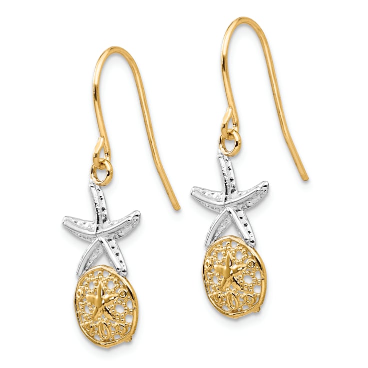 14K Two-tone Gold Textured Starfish with Sand Dollar Dangle Earrings