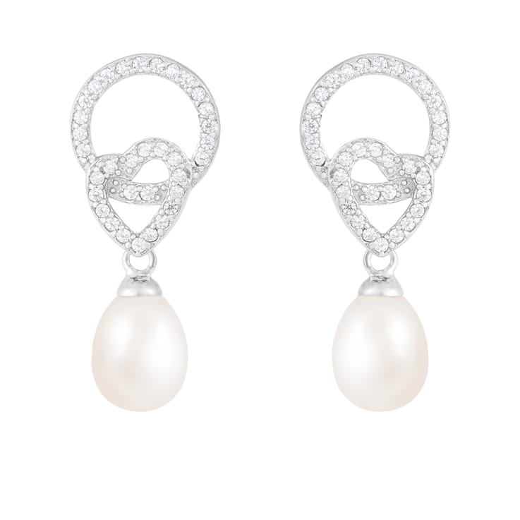 8-8.5mm White Cultured Freshwater Pearl and Cubic Zirconia Rhodium Over
Sterling Silver Earrings