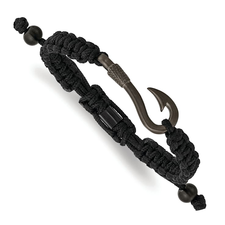 Stainless Steel Brushed Gun Metal IP-plated Fishing Hook Black Nylon
Adjustable Bracelet