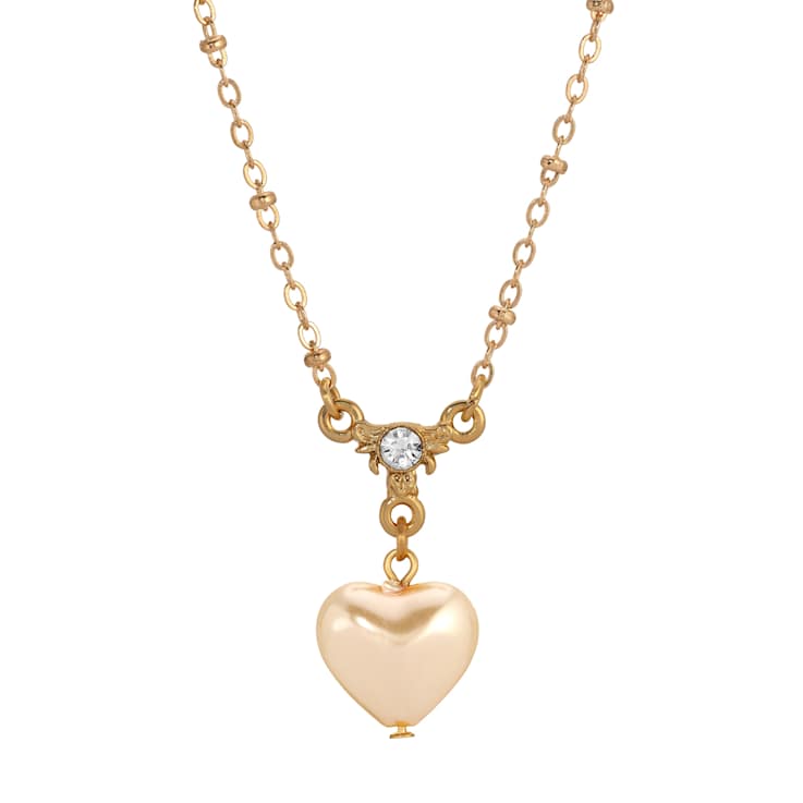 Yellow Base Metal Heart Faux Pearl Crystal Drop Necklace 16"