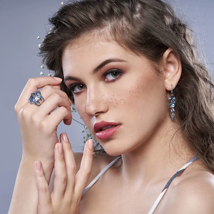 Multi-color Quartz, Blue Topaz and Green Nanocrystal Rhodium Over
Sterling Silver Ring