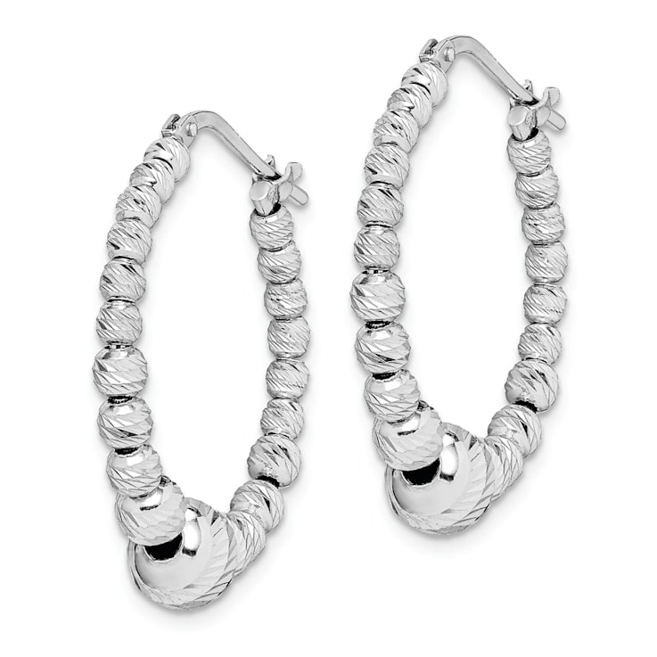 Rhodium Over Sterling Silver Diamond-cut Beaded Hoop Earrings