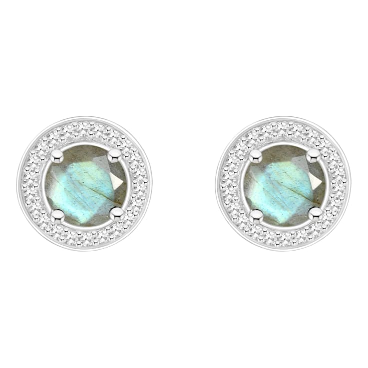 6mm Round Labradorite 1/5 ctw Diamond Rhodium Over Sterling Silver Halo
Stud Earrings