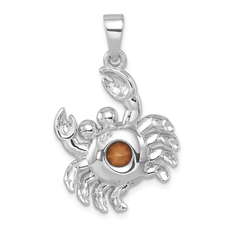 Rhodium Over Sterling Silver Polished Round Crystal Crab Pendant