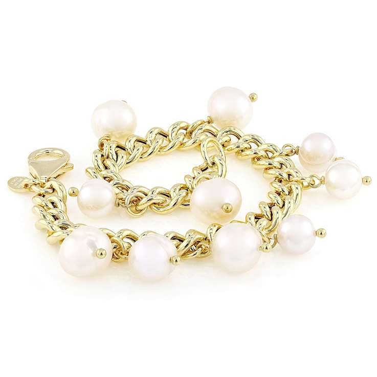 Cultured Freshwater Pearl Dangle Bracelet In 18K Gold Over Bronze 7-10mm