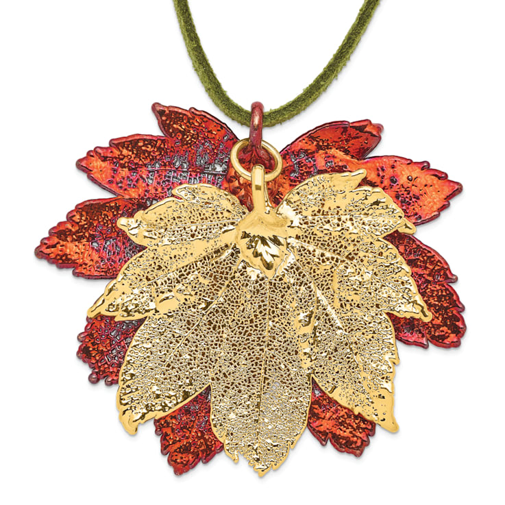 Iridescent Copper and 24k Yellow Gold Dipped Double Full Moon Maple Leaf
20 Inch Necklace