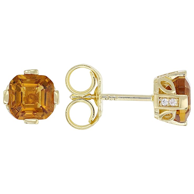 Citrine And White Zircon Asscher Stud Earrings In 18K Gold Over Sterling
Silver 1.92ctw