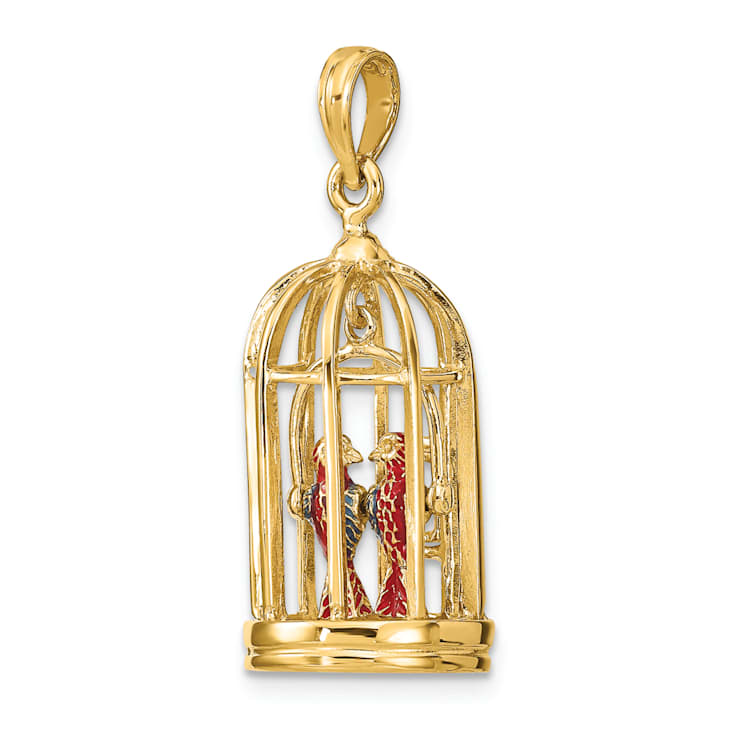 14k Yellow Gold 3D Enamel Bird Cage and Doors with 2 Birds Pendant