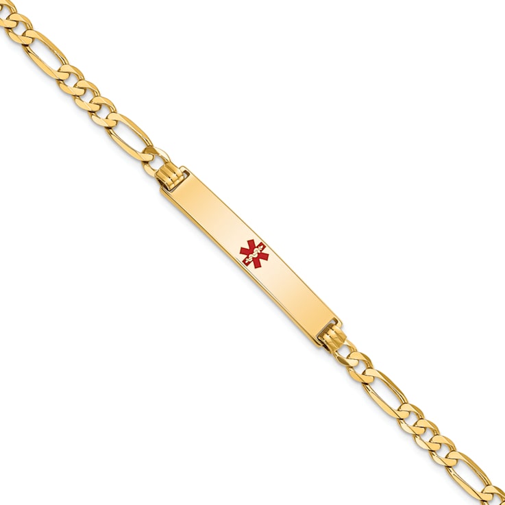 14k Yellow Gold Medical Red Enamel Flat Figaro Link ID Bracelet