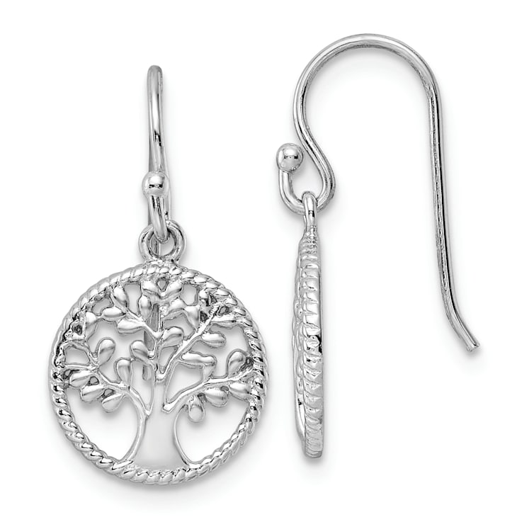 Rhodium Over Sterling Silver Tree Dangle Earrings