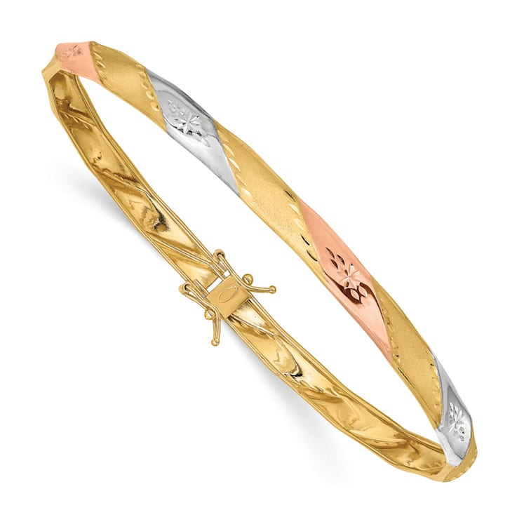 14K Tri-color Gold Polished Satin Diamond-cut Flexible Bangle