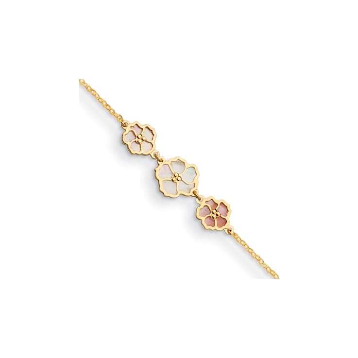 14K Yellow Gold with Pink and White Mother of Pearl Flowers 7-inch Bracelet